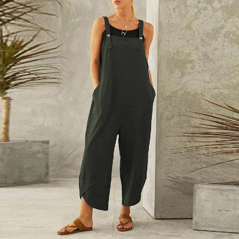 Esmeoura | Women's Wide-Leg Elegant Wide Leg Linen Jumpsuit Sleeveless Overalls — Green