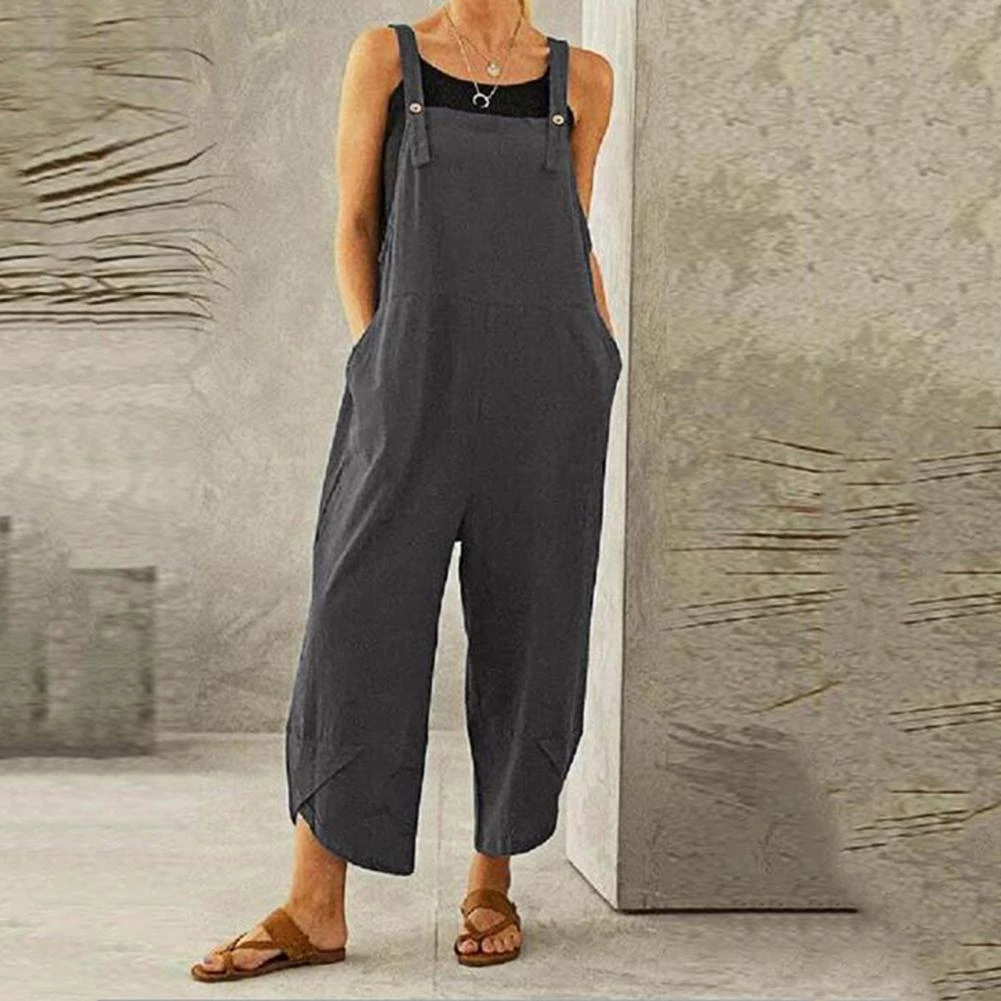 Esmeoura | Women's Wide-Leg Elegant Wide Leg Linen Jumpsuit Sleeveless Overalls — Grey