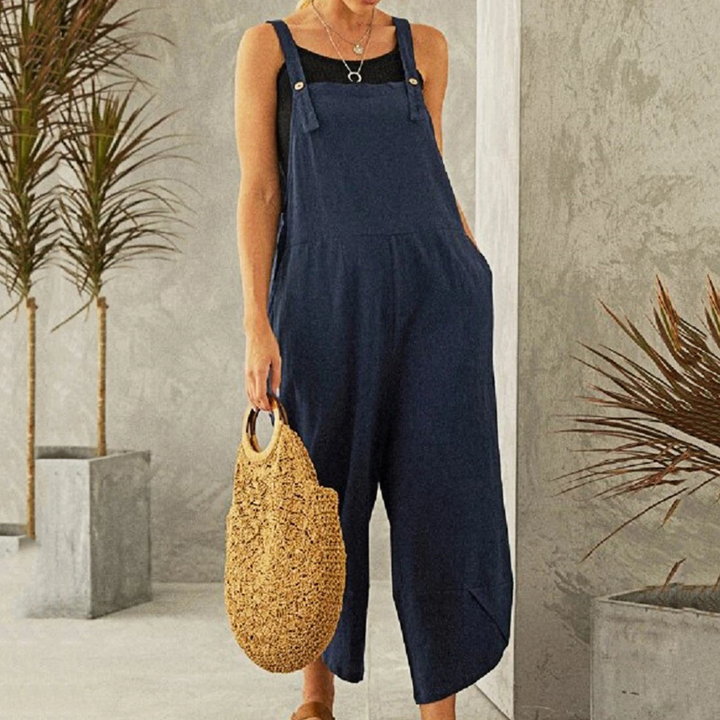 Esmeoura | Women's Wide-Leg Elegant Wide Leg Linen Jumpsuit Sleeveless Overalls — Navy