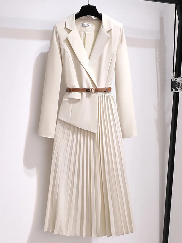 Eulalia | Women's Wedding Guest Elegant Belted Pleated Midi Dress Dresses — Beige