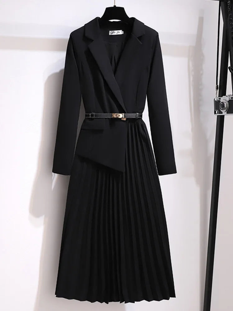 Eulalia | Women's Wedding Guest Elegant Belted Pleated Midi Dress Dresses — Black