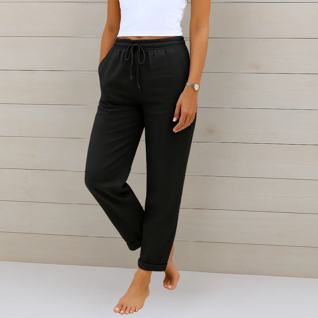 Eva | Women's Wide-Leg Linen Stretch Trousers Pants — Black