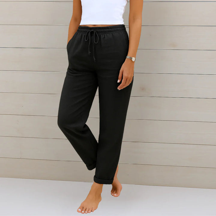Eva | Women's Wide-Leg Linen Stretch Trousers Pants — Black