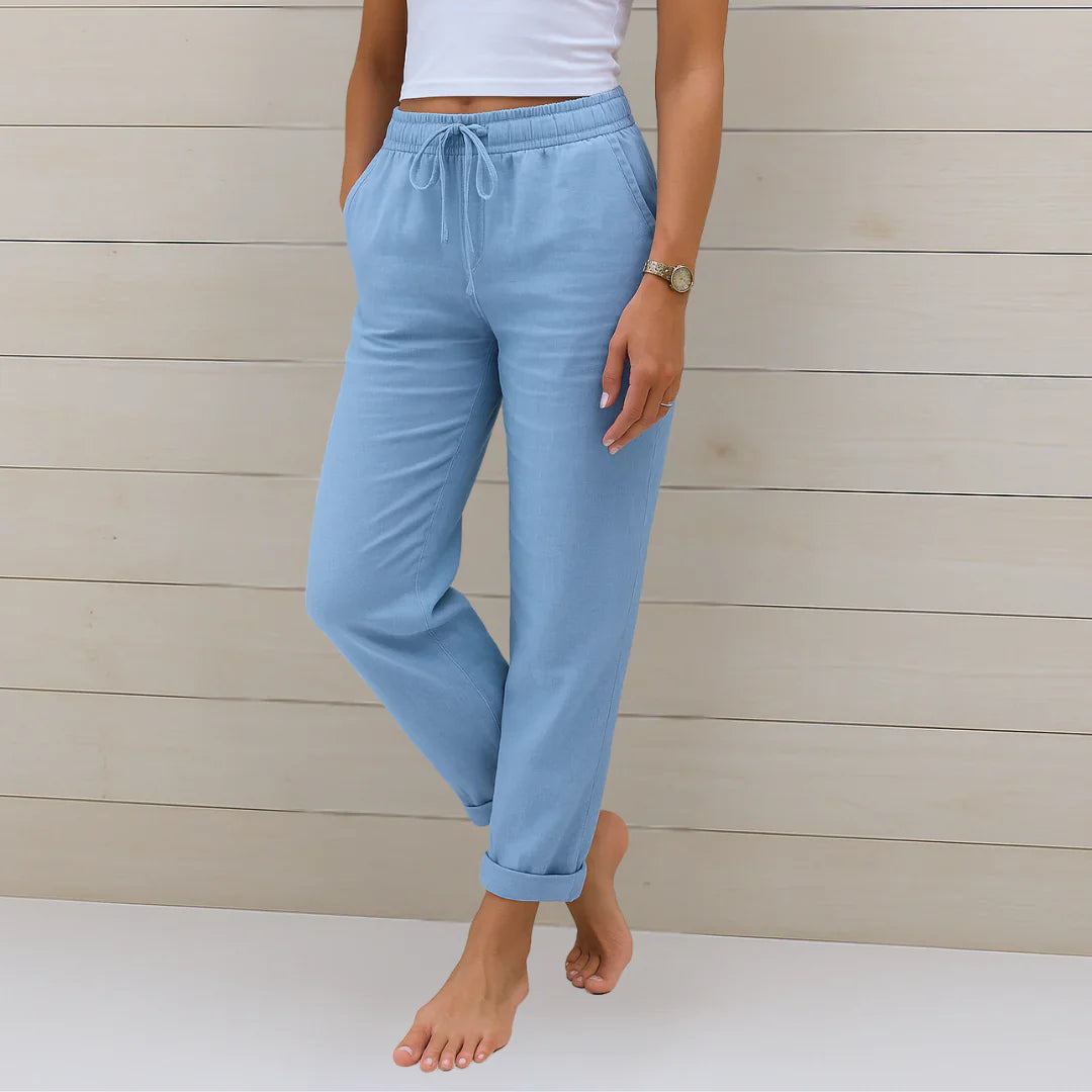 Eva | Women's Wide-Leg Linen Stretch Trousers Pants — Blue