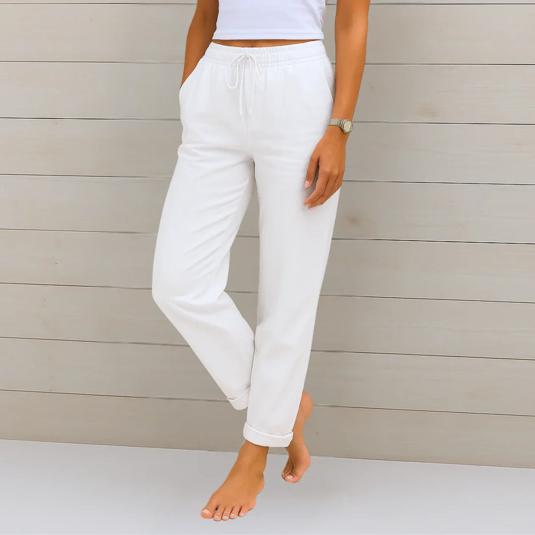 Eva | Women's Wide-Leg Linen Stretch Trousers Pants — 2