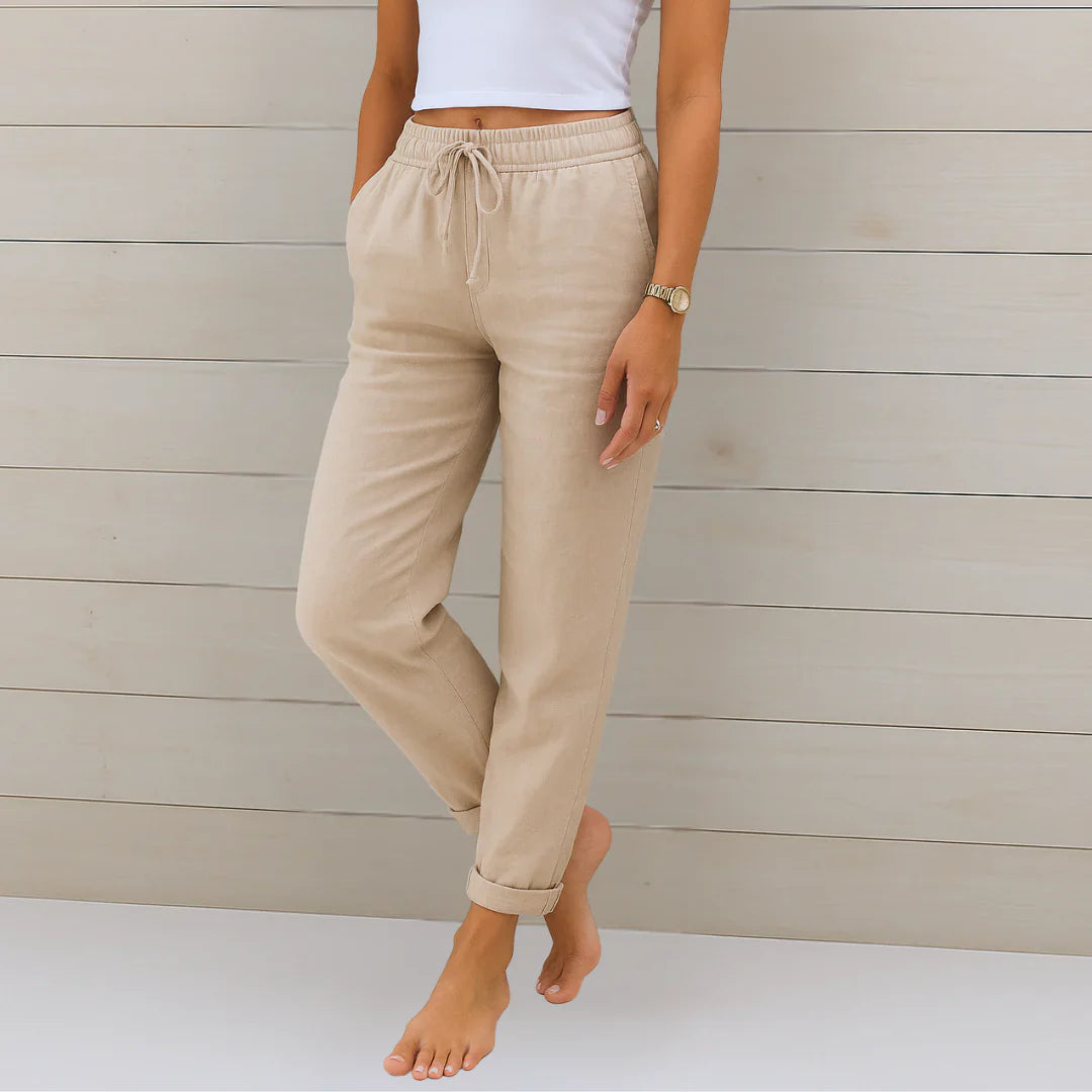 Eva | Women's Wide-Leg Linen Stretch Trousers Pants — Cream