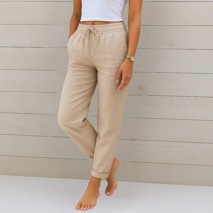 Eva | Women's Wide-Leg Linen Stretch Trousers Pants — Cream