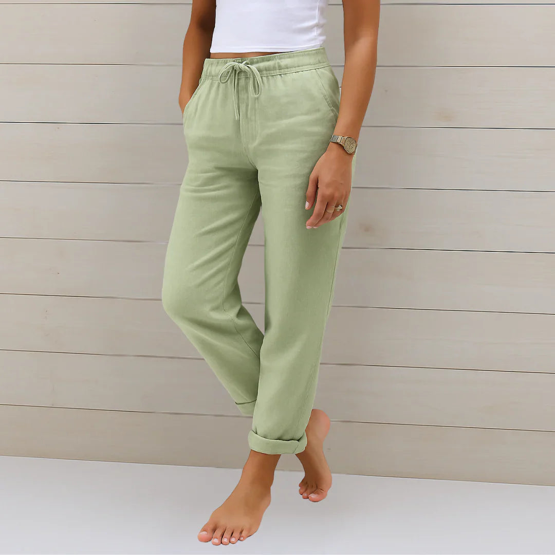 Eva | Women's Wide-Leg Linen Stretch Trousers Pants — Green
