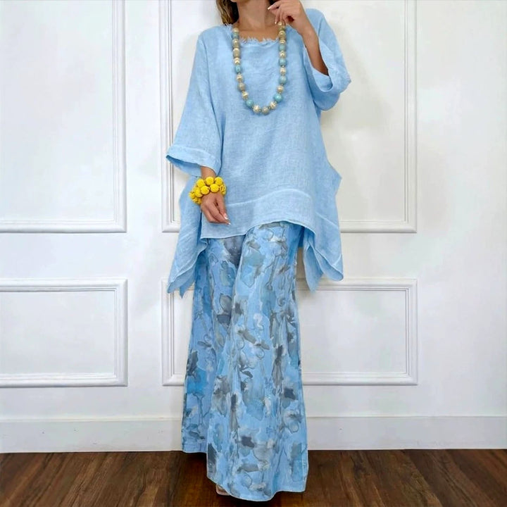 Faelnova | Women's Two-Piece Floral Cotton Linen Matching Set — Blue