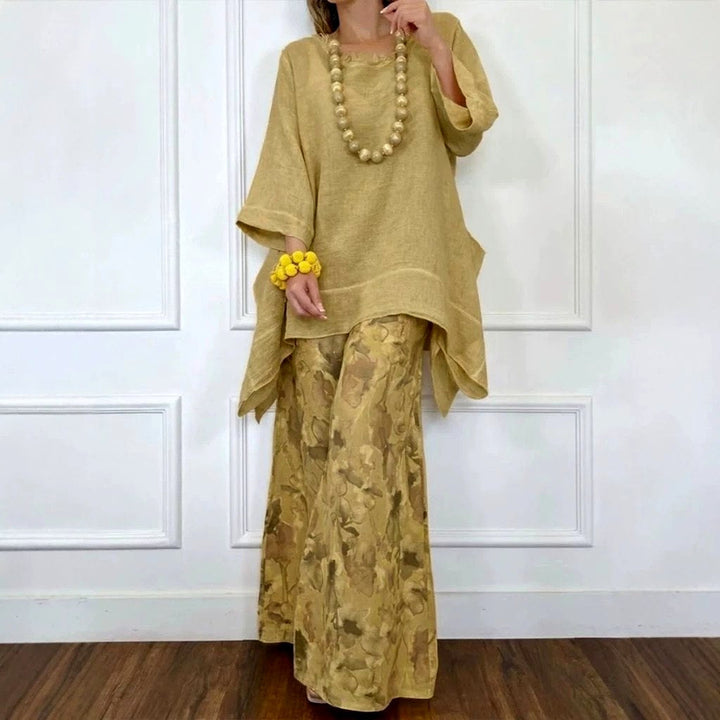 Faelnova | Women's Two-Piece Floral Cotton Linen Matching Set — Khaki