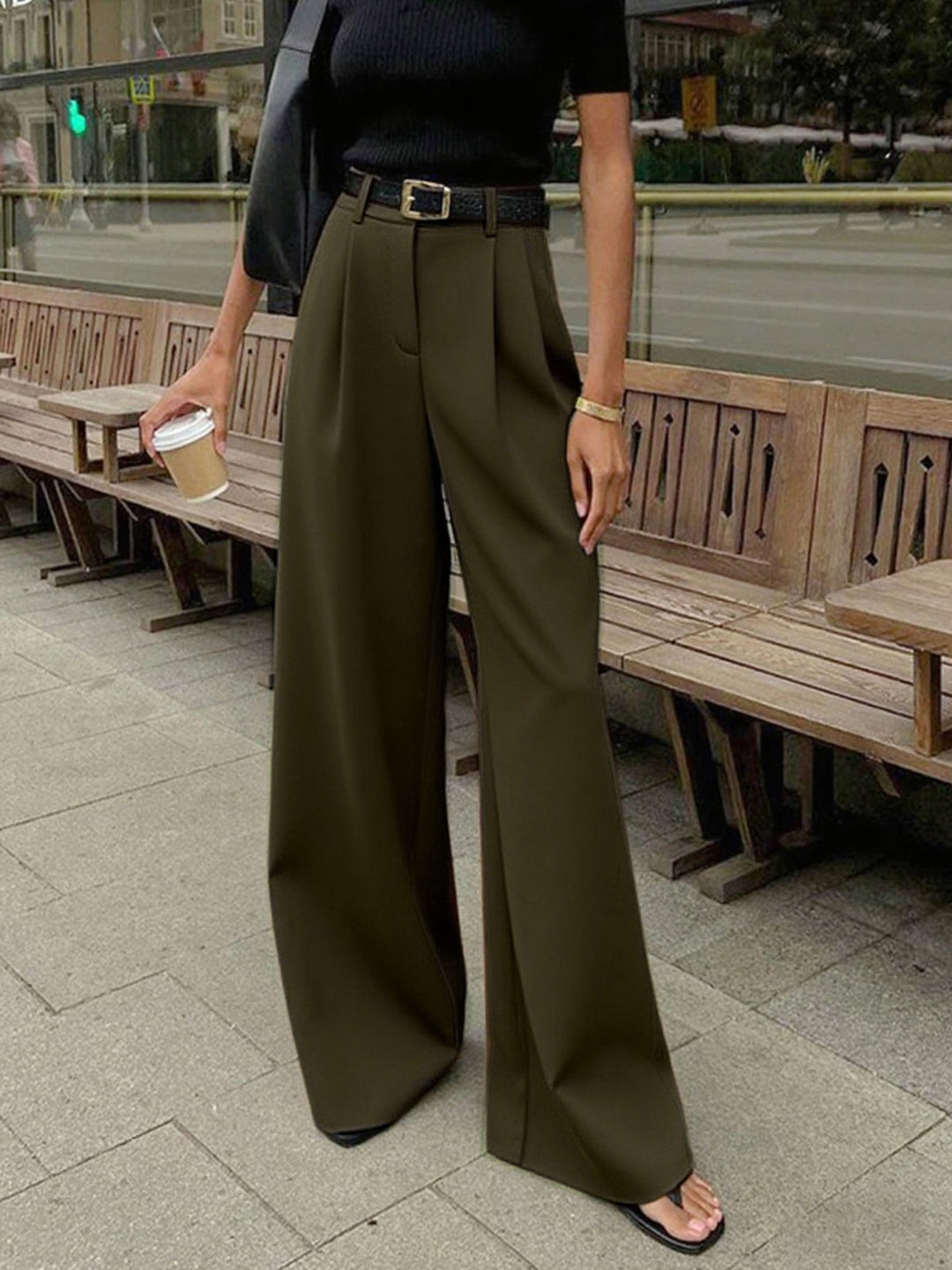Fayeessa | Women's Linen Wide-Leg Belted High-Waist Pants — ArmyGreen