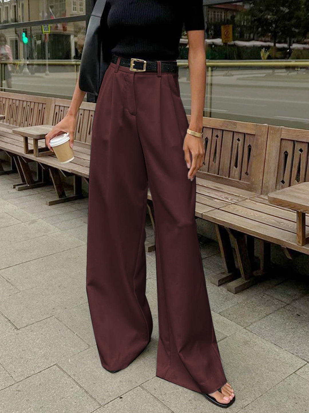 Fayeessa | Women's Linen Wide-Leg Belted High-Waist Pants — Burgundy