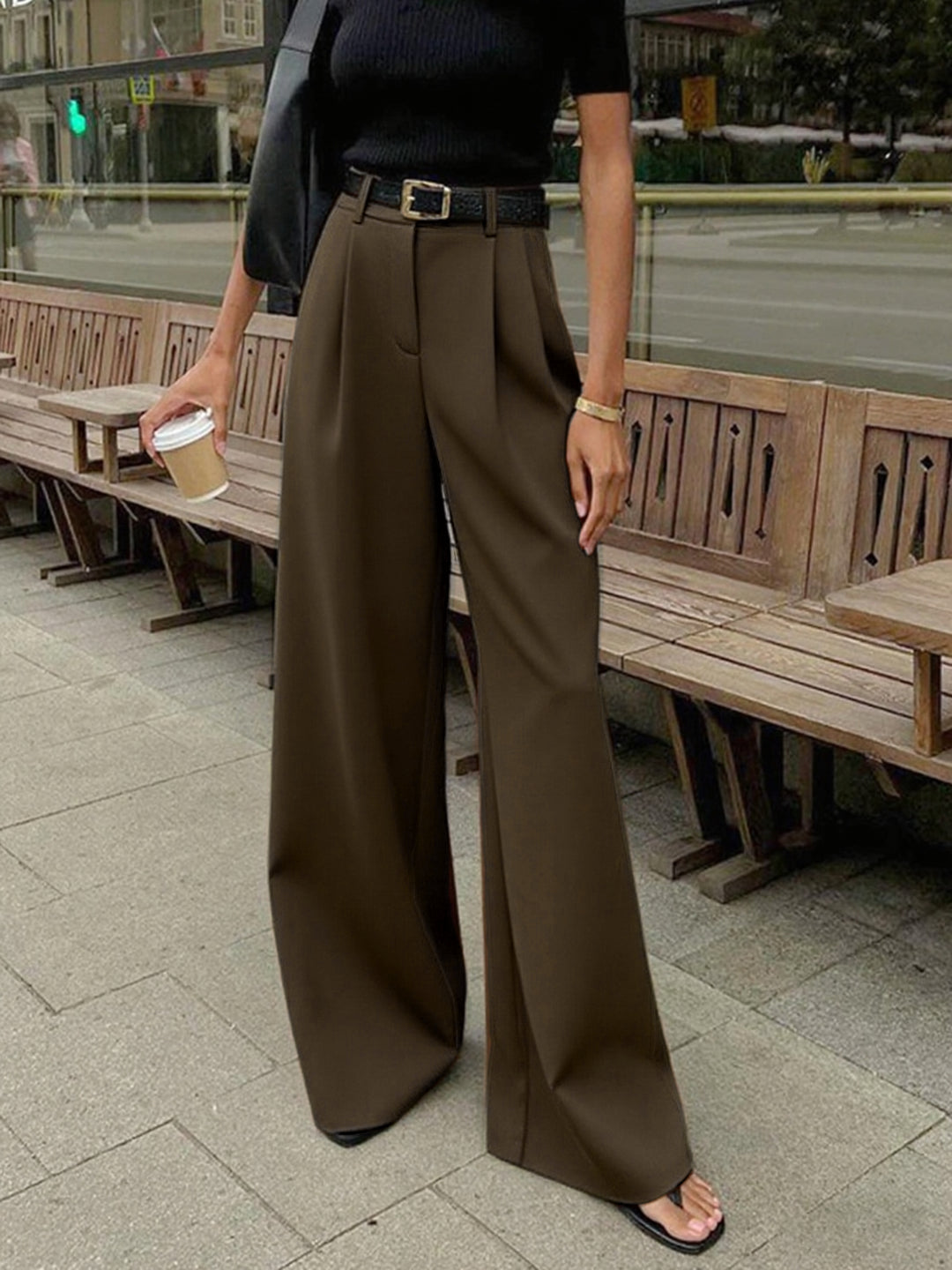 Fayeessa | Women's Linen Wide-Leg Belted High-Waist Pants — Light Brown
