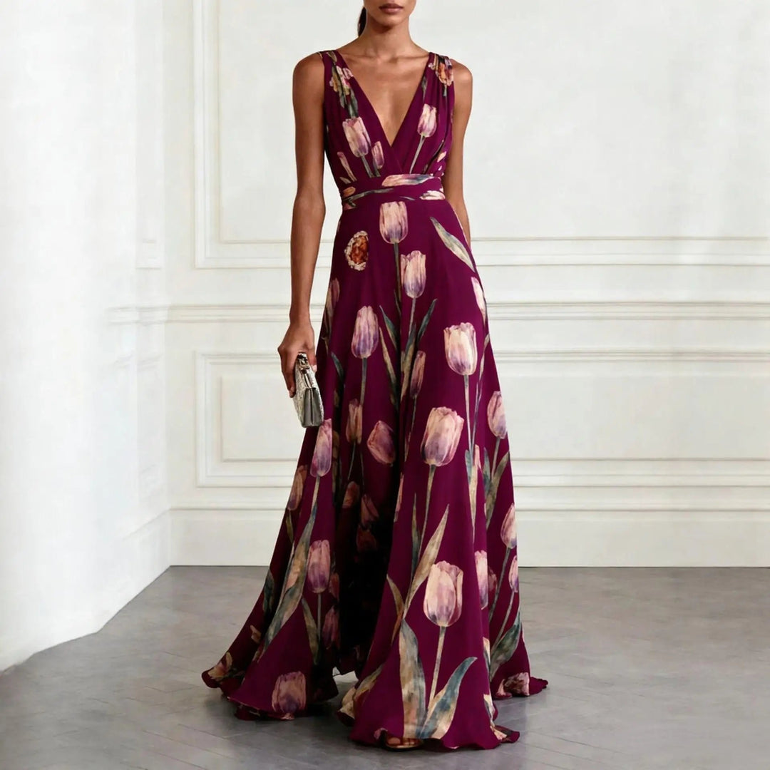 Fennaria | Women's Elegant Graceful Floral Print Maxi Wrap Race Dress — Burgundy