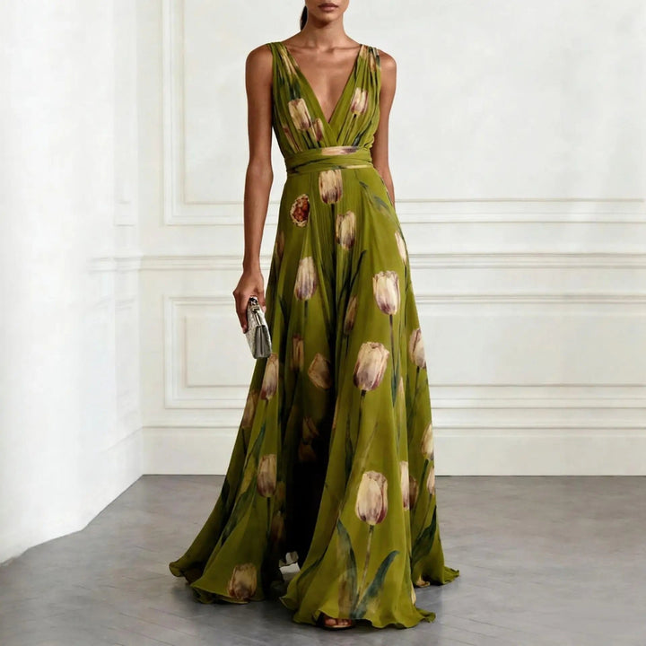 Fennaria | Women's Elegant Graceful Floral Print Maxi Wrap Race Dress — Green