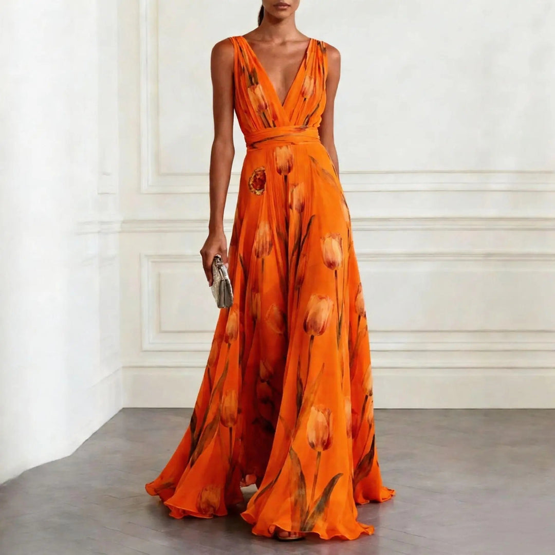 Fennaria | Women's Elegant Graceful Floral Print Maxi Wrap Race Dress — Orange