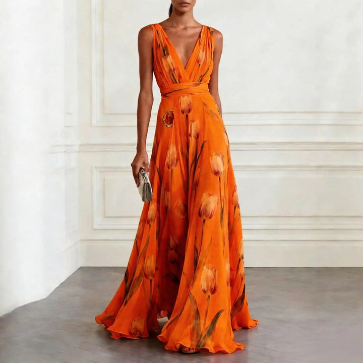 Fennaria | Women's Elegant Graceful Floral Print Maxi Wrap Race Dress — Orange