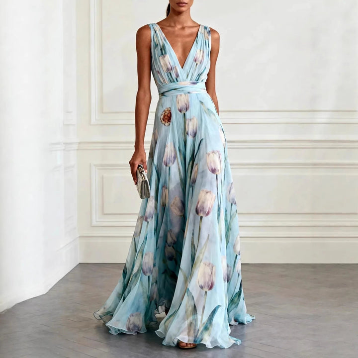 Fennaria | Women's Elegant Graceful Floral Print Maxi Wrap Race Dress — Sky Blue