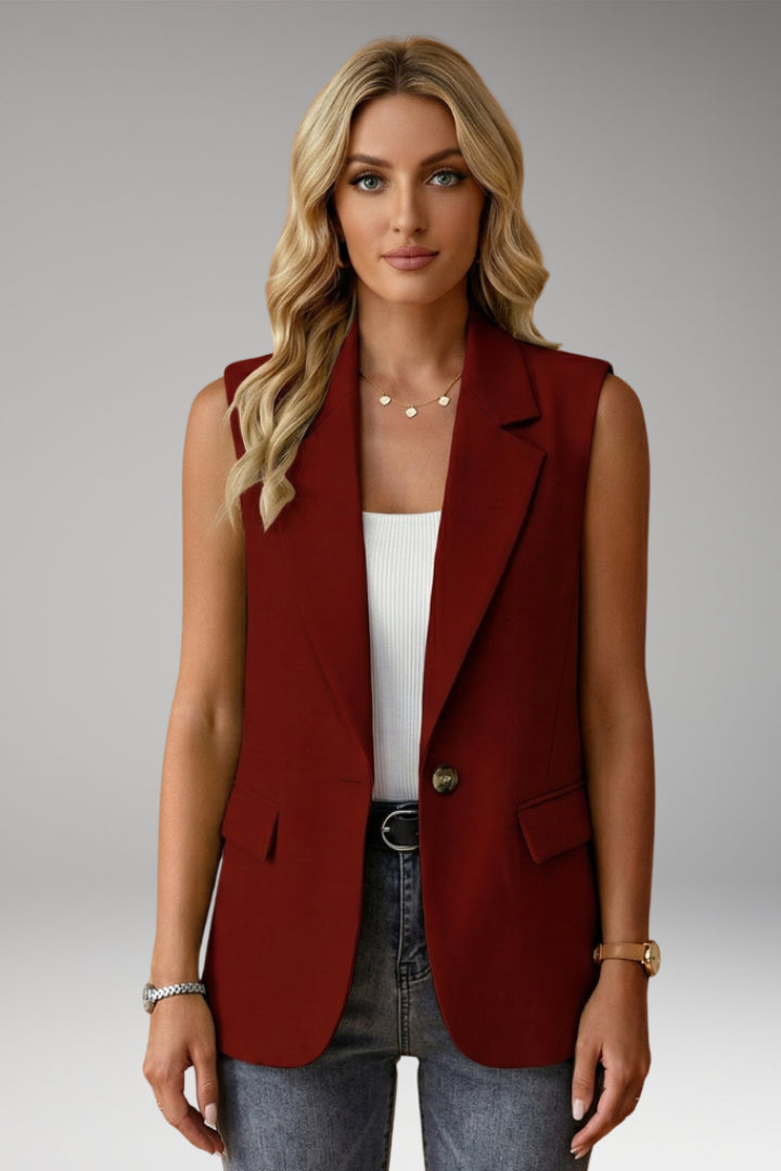 Fennnova | Women's Tailored Single-Button Sleeveless Blazer Vest Notch Collar — Burgundy