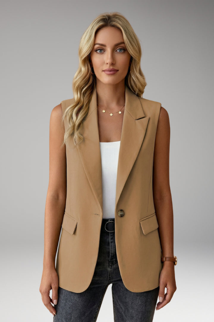 Fennnova | Women's Tailored Single-Button Sleeveless Blazer Vest Notch Collar — Khaki