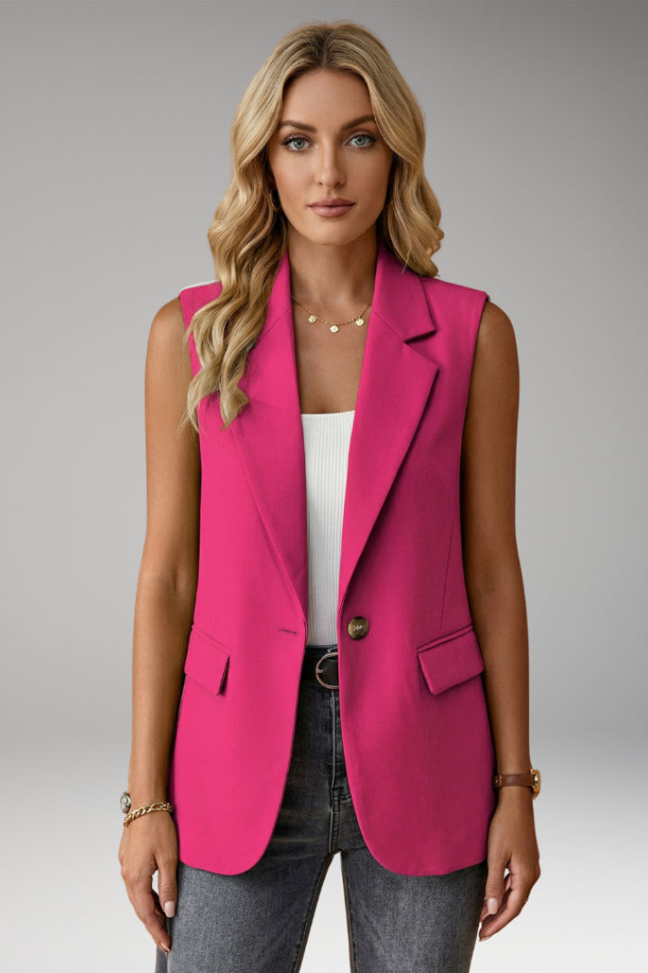 Fennnova | Women's Tailored Single-Button Sleeveless Blazer Vest Notch Collar — Magenta