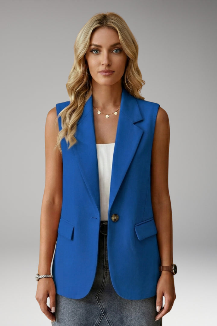 Fennnova | Women's Tailored Single-Button Sleeveless Blazer Vest Notch Collar — Royal Blue