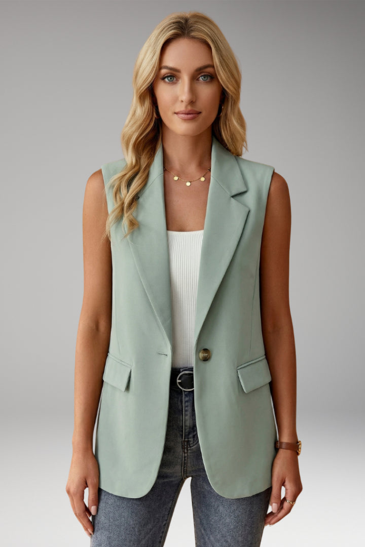 Fennnova | Women's Tailored Single-Button Sleeveless Blazer Vest Notch Collar — Sage Green
