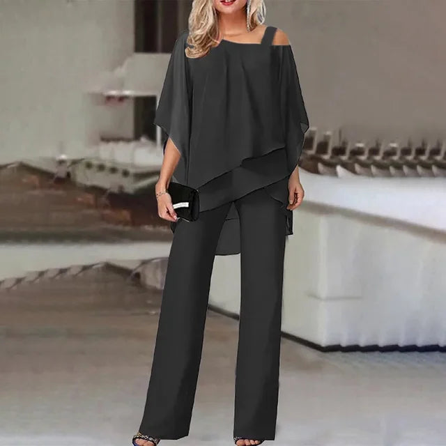 Fennora | Women's Matching Two-Piece Pant Set Asymmetric Layered Top Wide-Leg — Black