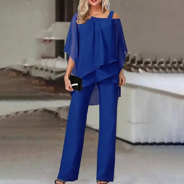 Fennora | Women's Matching Two-Piece Pant Set Asymmetric Layered Top Wide-Leg — 2
