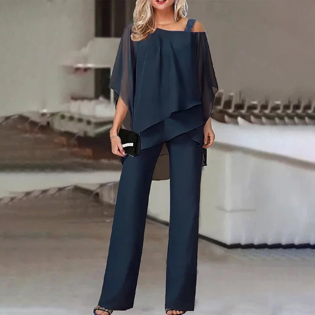 Fennora | Women's Matching Two-Piece Pant Set Asymmetric Layered Top Wide-Leg — Dark Blue