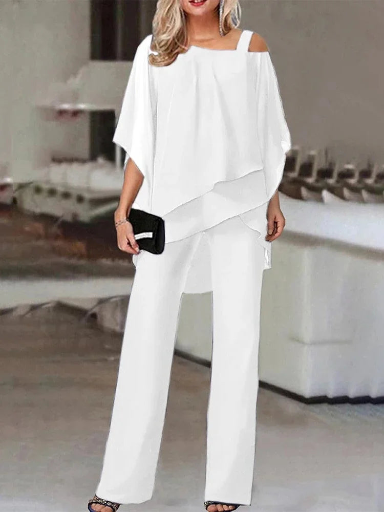 Fennora | Women's Matching Two-Piece Pant Set Asymmetric Layered Top Wide-Leg — White