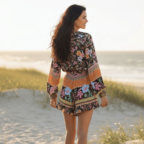 Fennoura | Women's Wide-Leg Elegant Midnight Garden Floral Long Sleeve Romper — 2