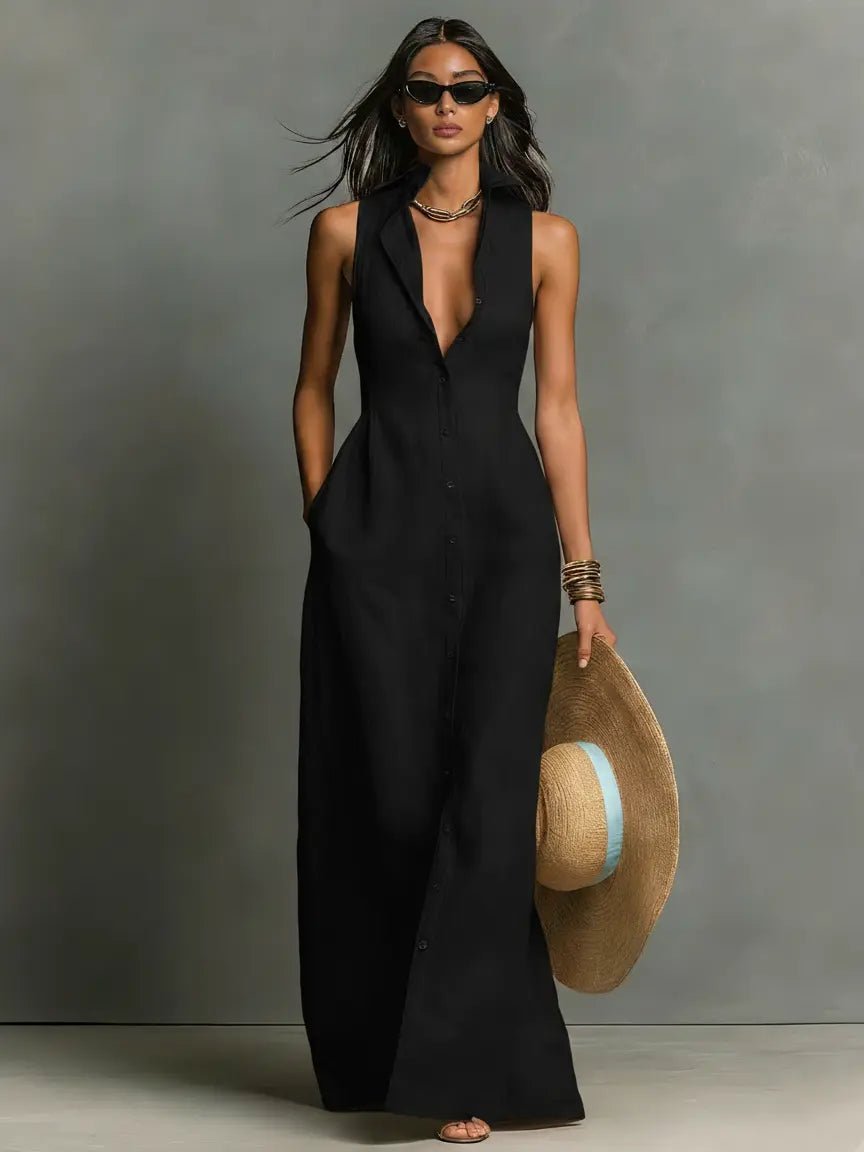 Fenvia | Women's Elegant Sleeveless Maxi Dress Red Linen Blend Collared for — Black