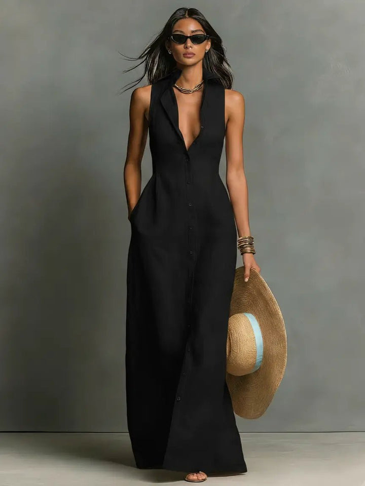 Fenvia | Women's Elegant Sleeveless Maxi Dress Red Linen Blend Collared for — Black