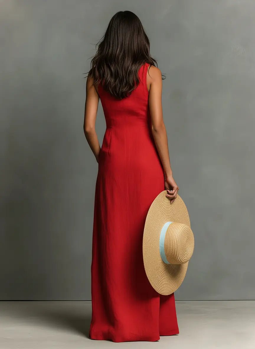 Fenvia | Women's Elegant Sleeveless Maxi Dress Red Linen Blend Collared for — 2