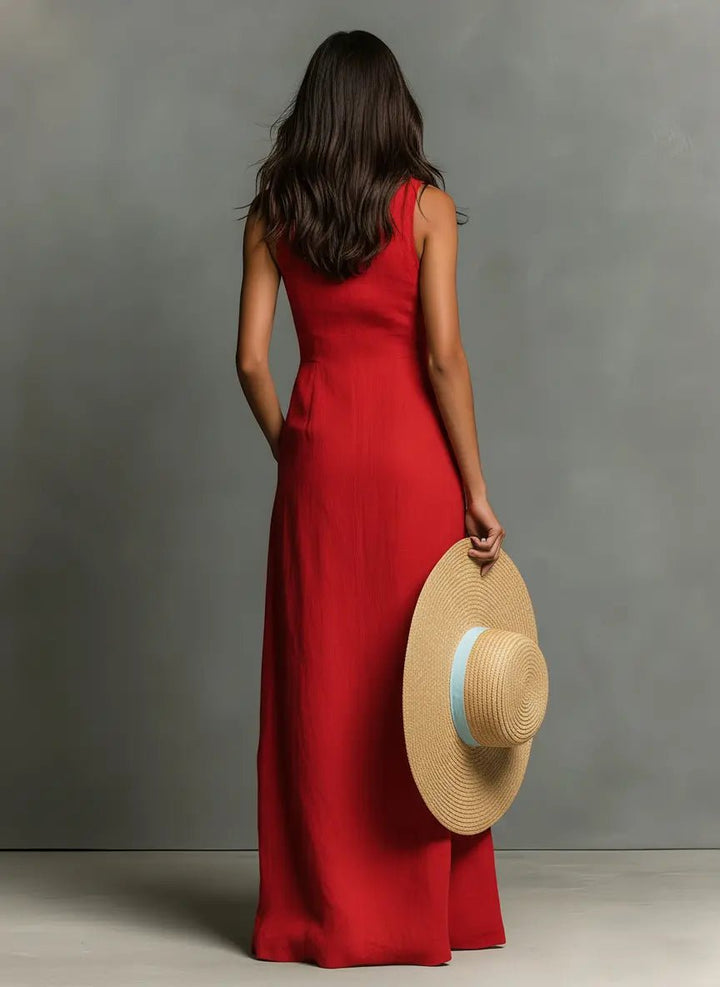Fenvia | Women's Elegant Sleeveless Maxi Dress Red Linen Blend Collared for — 2