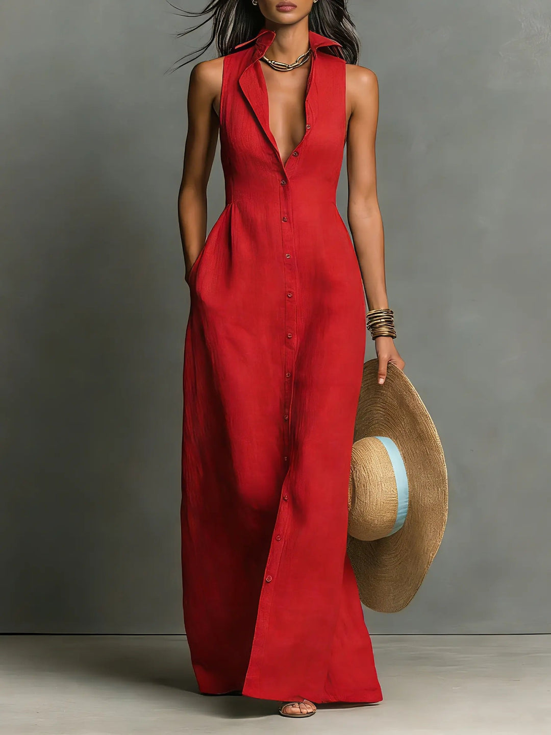 Fenvia | Women's Elegant Sleeveless Maxi Dress Red Linen Blend Collared for — Red