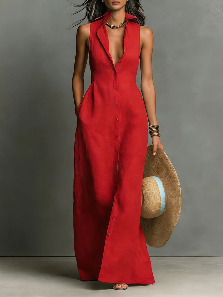 Fenvia | Women's Elegant Sleeveless Maxi Dress Red Linen Blend Collared for — Red