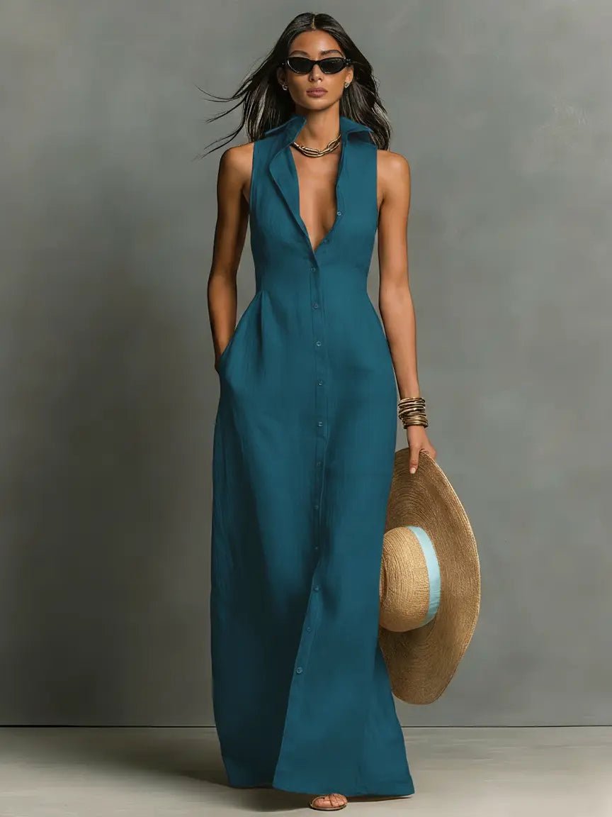 Fenvia | Women's Elegant Sleeveless Maxi Dress Red Linen Blend Collared for — Teal Blue