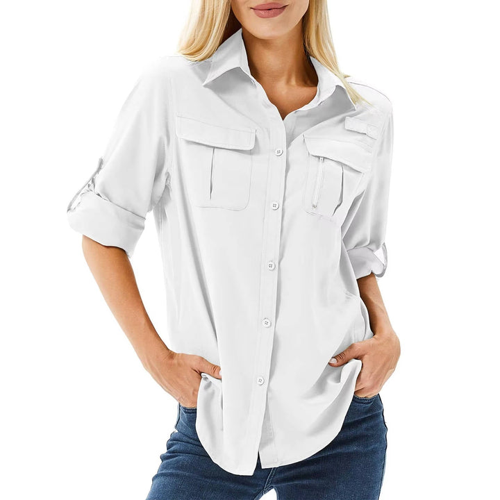 Fioeen | Women's Button-Up Casual UPF 50 Long Sleeve Hiking Outdoor Shirt — White
