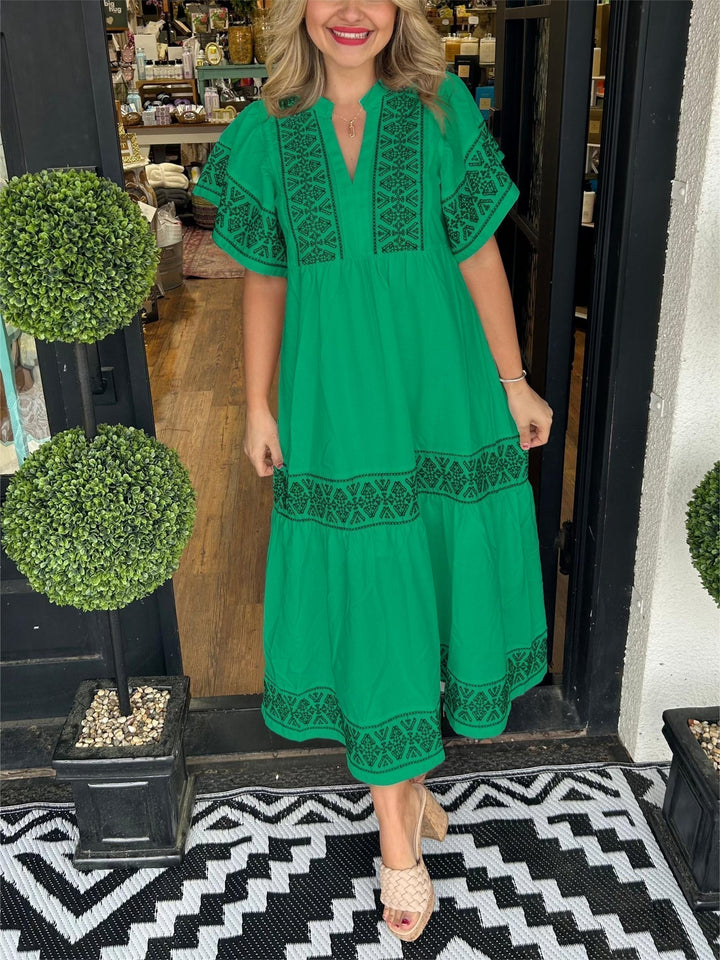 Fioriel | Women's Elegant Flowy Loose Fit Dress — Green
