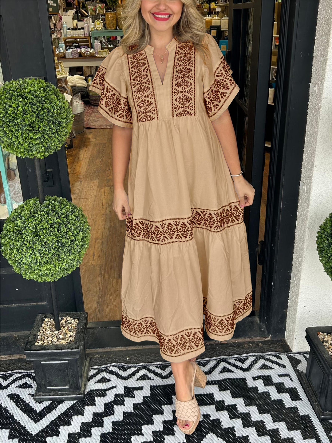 Fioriel | Women's Elegant Flowy Loose Fit Dress — Mocha