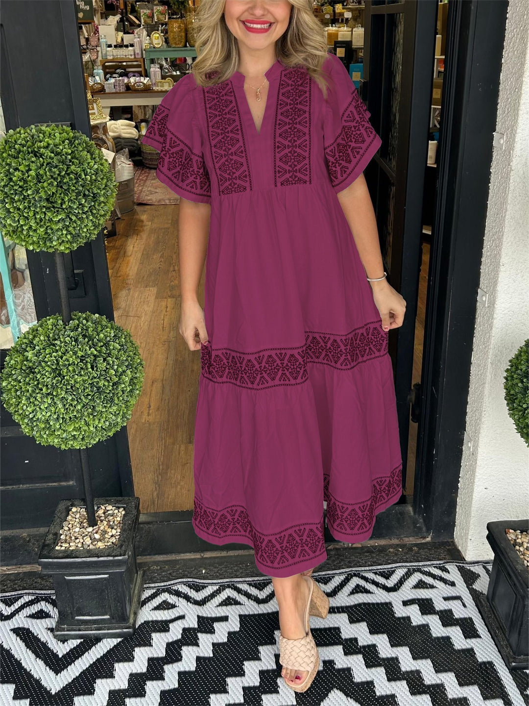 Fioriel | Women's Elegant Flowy Loose Fit Dress — Wine Red