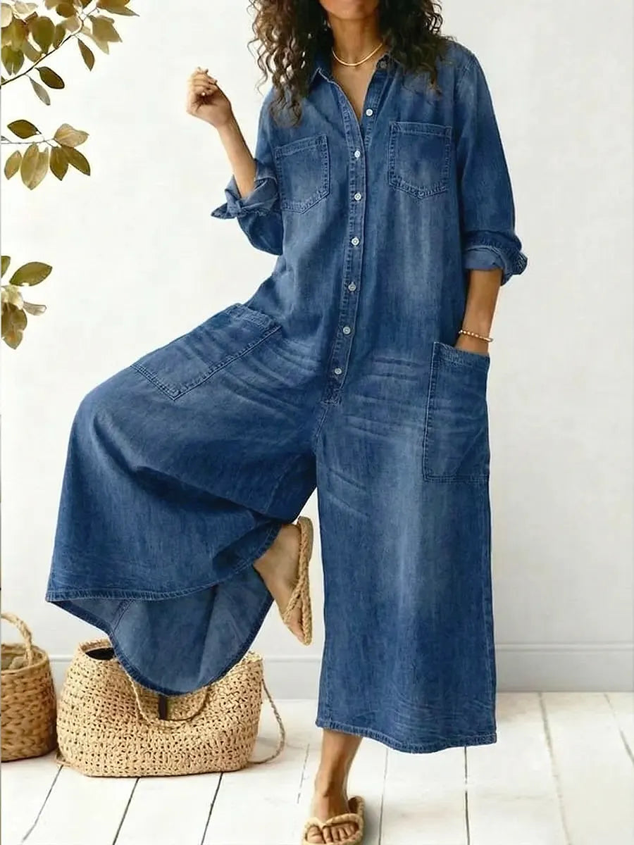 Fleur | Women's Wide-Leg Elegant denim jumpsuit long-sleeve button placket wide leg jumpsuit — 1