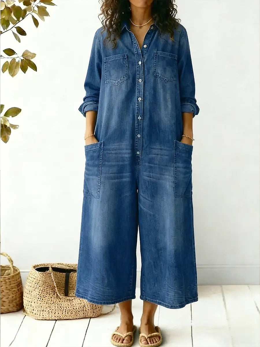Fleur | Women's Wide-Leg Elegant denim jumpsuit long-sleeve button placket wide leg jumpsuit — 2