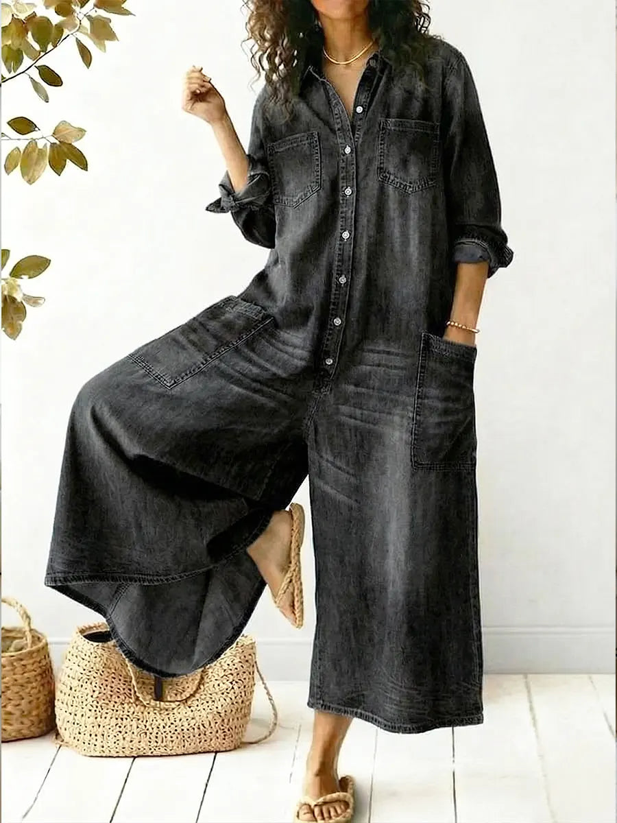 Fleur | Women's Wide-Leg Elegant denim jumpsuit long-sleeve button placket wide leg jumpsuit — 3