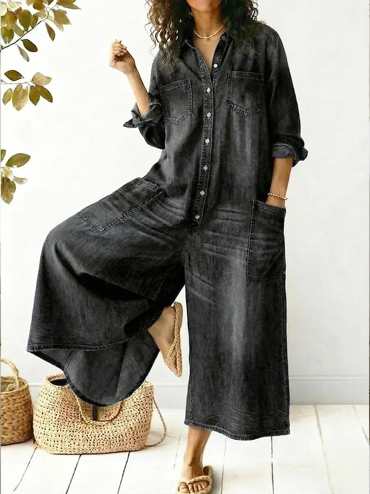 Fleur | Women's Wide-Leg Elegant denim jumpsuit long-sleeve button placket wide leg jumpsuit — Schwarz