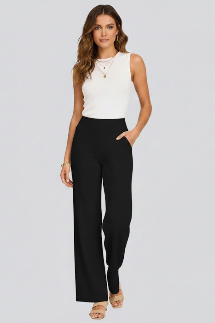 Florentina | Women's Wide-Leg Linen High Rise Wide Leg Trousers Pants — Black