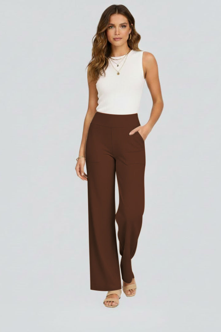 Florentina | Women's Wide-Leg Linen High Rise Wide Leg Trousers Pants — Dark Brown