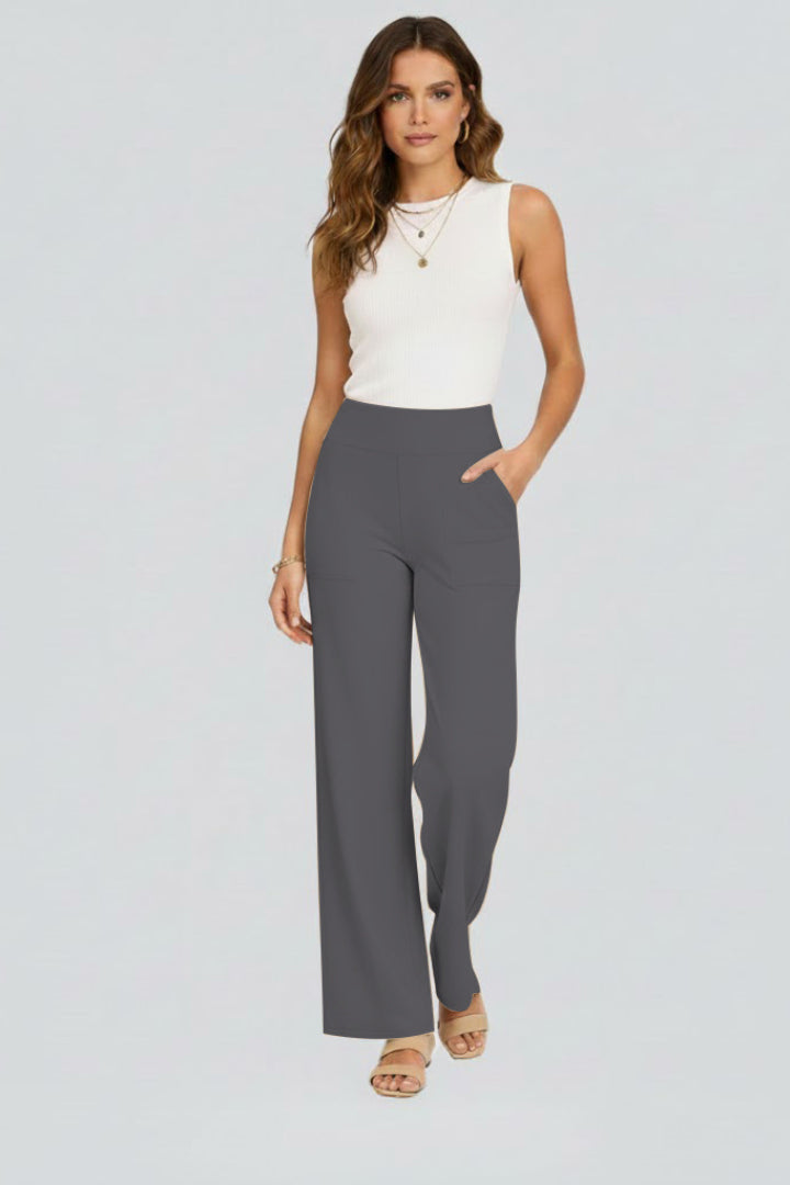 Florentina | Women's Wide-Leg Linen High Rise Wide Leg Trousers Pants — Dark Gray